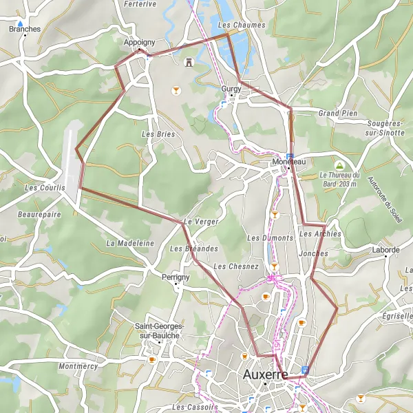 Map miniature of "Exploring Appoigny's Surroundings by Gravel" cycling inspiration in Bourgogne, France. Generated by Tarmacs.app cycling route planner