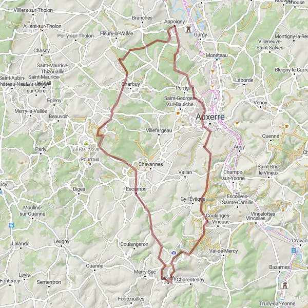 Map miniature of "Histo-Rural Delight" cycling inspiration in Bourgogne, France. Generated by Tarmacs.app cycling route planner