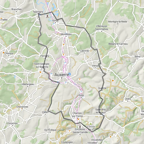 Map miniature of "Wine Tasting and Riverside Cycling" cycling inspiration in Bourgogne, France. Generated by Tarmacs.app cycling route planner