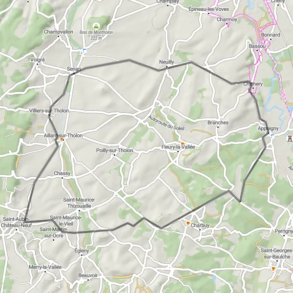 Miniature de la carte de l'inspiration cycliste "Route bucolique vers Chichery" dans la Bourgogne, France. Générée par le planificateur d'itinéraire cycliste Tarmacs.app