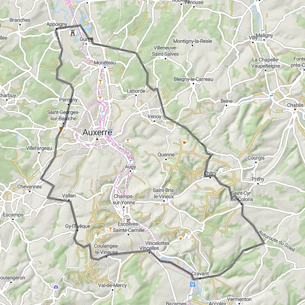 Map miniature of "Vincelottes Vineyard Trail" cycling inspiration in Bourgogne, France. Generated by Tarmacs.app cycling route planner