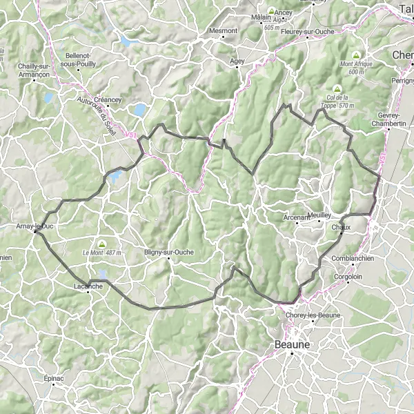 Map miniature of "Beaune Canyon" cycling inspiration in Bourgogne, France. Generated by Tarmacs.app cycling route planner