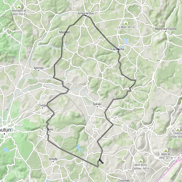 Map miniature of "Cycling through the Val de l'Arnay" cycling inspiration in Bourgogne, France. Generated by Tarmacs.app cycling route planner