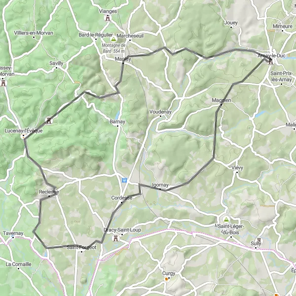 Map miniature of "The Magnificent Hills of Burgundy" cycling inspiration in Bourgogne, France. Generated by Tarmacs.app cycling route planner