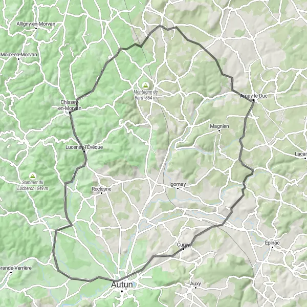 Map miniature of "The Route of the Princes" cycling inspiration in Bourgogne, France. Generated by Tarmacs.app cycling route planner