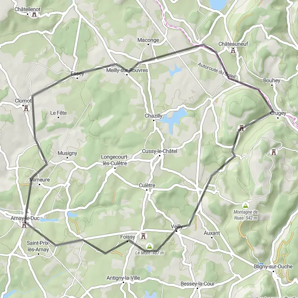 Map miniature of "Chaudenay-la-Ville and Saint-Prix-lès-Arnay Ride" cycling inspiration in Bourgogne, France. Generated by Tarmacs.app cycling route planner