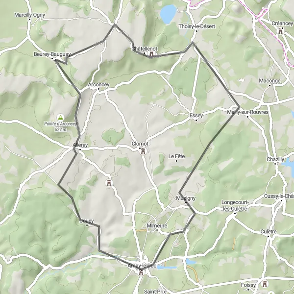 Map miniature of "Jouey and Mimeure Circular Route" cycling inspiration in Bourgogne, France. Generated by Tarmacs.app cycling route planner