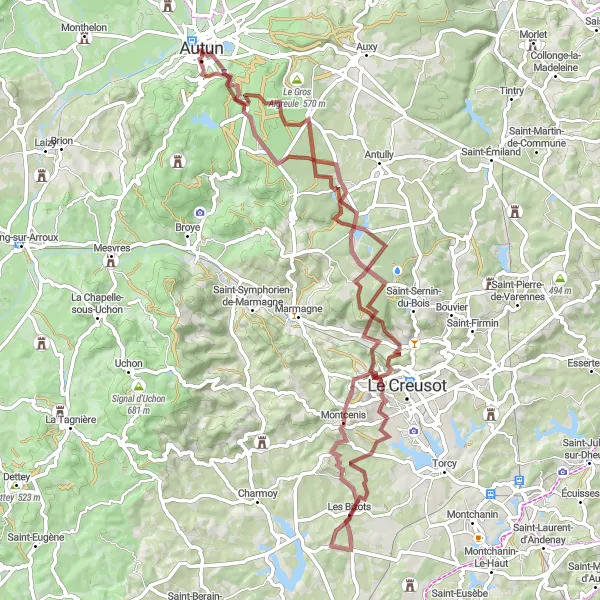 Map miniature of "Gravel Route from Autun to Groupe cathédral et canonial" cycling inspiration in Bourgogne, France. Generated by Tarmacs.app cycling route planner