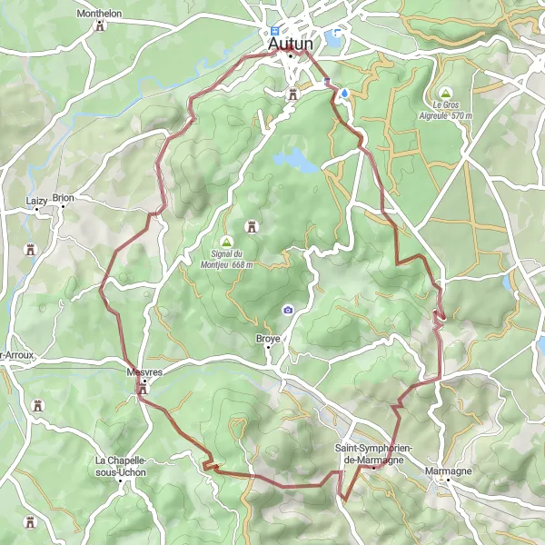 Map miniature of "Gravel Adventure" cycling inspiration in Bourgogne, France. Generated by Tarmacs.app cycling route planner