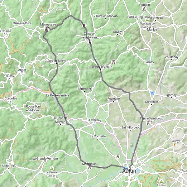 Map miniature of "Road Route from Autun to Porte Saint-André" cycling inspiration in Bourgogne, France. Generated by Tarmacs.app cycling route planner