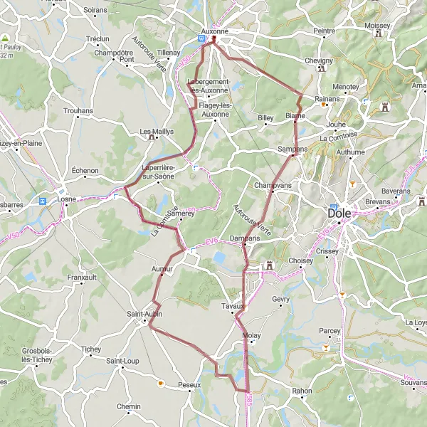 Miniature de la carte de l'inspiration cycliste "A la Découverte des Coteaux de la Saône" dans la Bourgogne, France. Générée par le planificateur d'itinéraire cycliste Tarmacs.app