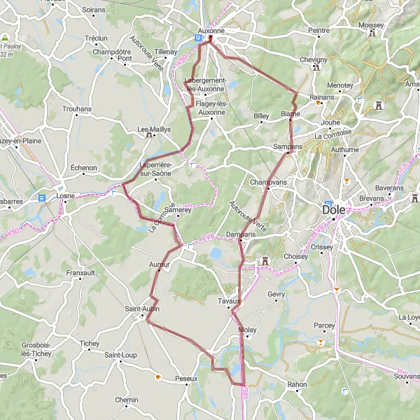 Map miniature of "Gravel Pathways of Auxonne" cycling inspiration in Bourgogne, France. Generated by Tarmacs.app cycling route planner