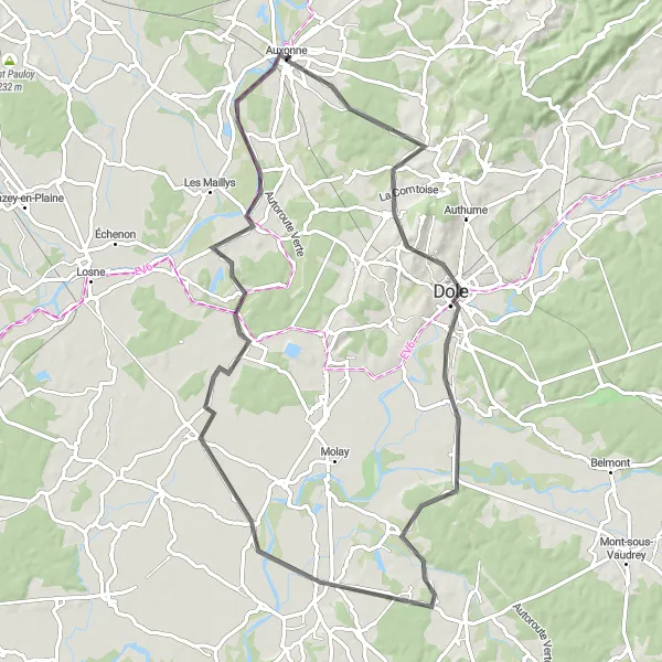 Miniature de la carte de l'inspiration cycliste "La Boucle des Collines de Bourgogne" dans la Bourgogne, France. Générée par le planificateur d'itinéraire cycliste Tarmacs.app