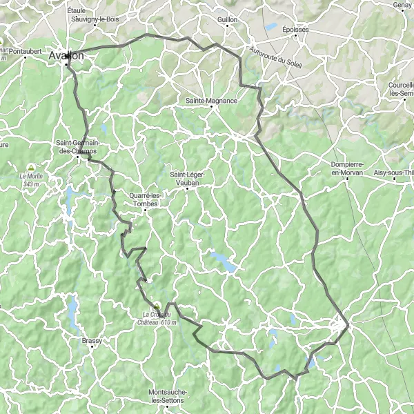 Map miniature of "Road Cycling Adventure in Avallon and Beyond" cycling inspiration in Bourgogne, France. Generated by Tarmacs.app cycling route planner