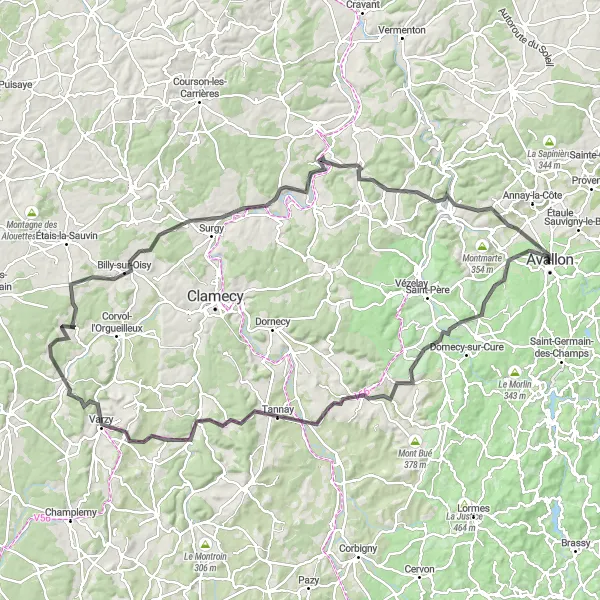 Map miniature of "The Scenic Journey to Pontaubert" cycling inspiration in Bourgogne, France. Generated by Tarmacs.app cycling route planner