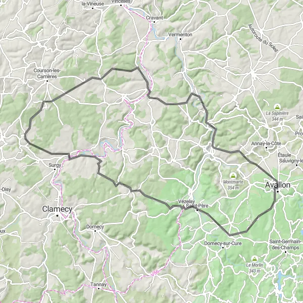 Miniature de la carte de l'inspiration cycliste "Les Collines de l'Avallonnais" dans la Bourgogne, France. Générée par le planificateur d'itinéraire cycliste Tarmacs.app