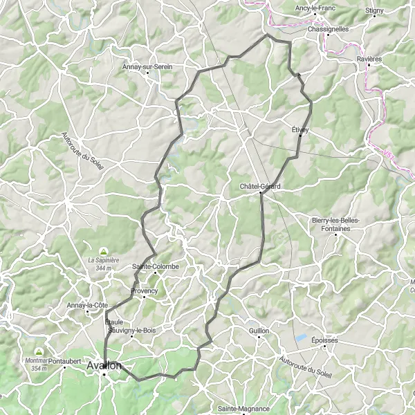 Miniature de la carte de l'inspiration cycliste "Parcours des Belvédères" dans la Bourgogne, France. Générée par le planificateur d'itinéraire cycliste Tarmacs.app