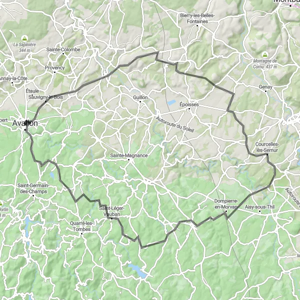 Map miniature of "The Avallon Hill Challenge" cycling inspiration in Bourgogne, France. Generated by Tarmacs.app cycling route planner