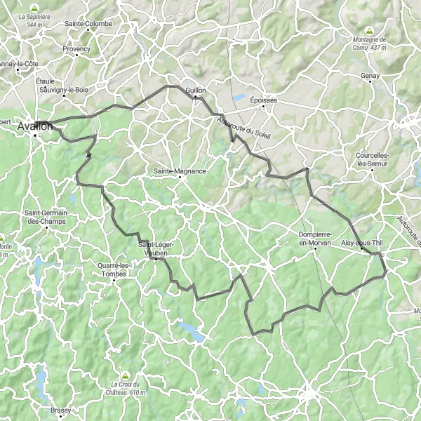 Map miniature of "The Hilltop Challenge" cycling inspiration in Bourgogne, France. Generated by Tarmacs.app cycling route planner