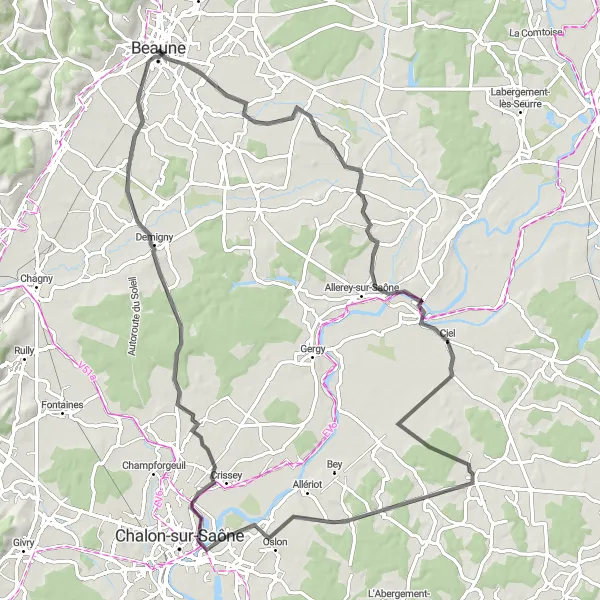 Miniature de la carte de l'inspiration cycliste "Le Circuit des Charmes de Bourgogne" dans la Bourgogne, France. Générée par le planificateur d'itinéraire cycliste Tarmacs.app