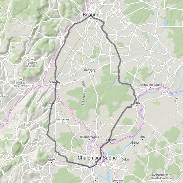 Miniature de la carte de l'inspiration cycliste "Boucle des Châteaux de Bourgogne" dans la Bourgogne, France. Générée par le planificateur d'itinéraire cycliste Tarmacs.app