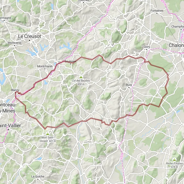 Miniature de la carte de l'inspiration cycliste "Aventure Gravel en Bourgogne" dans la Bourgogne, France. Générée par le planificateur d'itinéraire cycliste Tarmacs.app