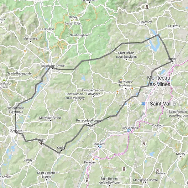 Miniature de la carte de l'inspiration cycliste "Tour des Vallées du Haut-Clunisois" dans la Bourgogne, France. Générée par le planificateur d'itinéraire cycliste Tarmacs.app