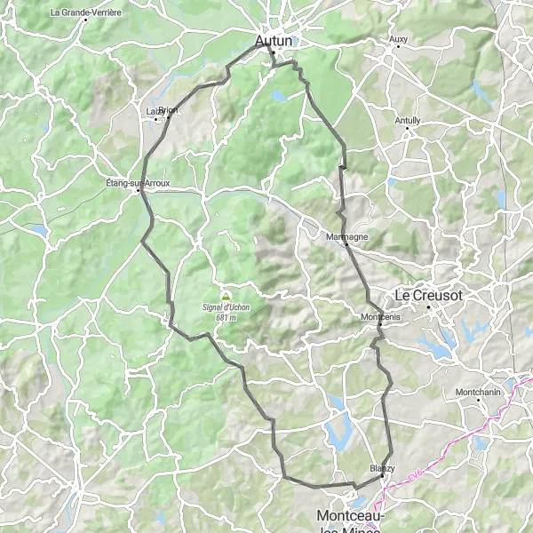 Miniature de la carte de l'inspiration cycliste "Au Cœur de la Nature Bourguignonne" dans la Bourgogne, France. Générée par le planificateur d'itinéraire cycliste Tarmacs.app