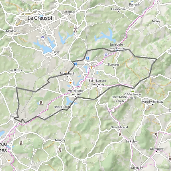 Miniature de la carte de l'inspiration cycliste "Petite Boucle de Montchanin" dans la Bourgogne, France. Générée par le planificateur d'itinéraire cycliste Tarmacs.app