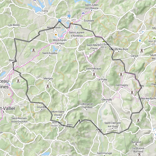 Miniature de la carte de l'inspiration cycliste "La Charmante Bourgogne" dans la Bourgogne, France. Générée par le planificateur d'itinéraire cycliste Tarmacs.app