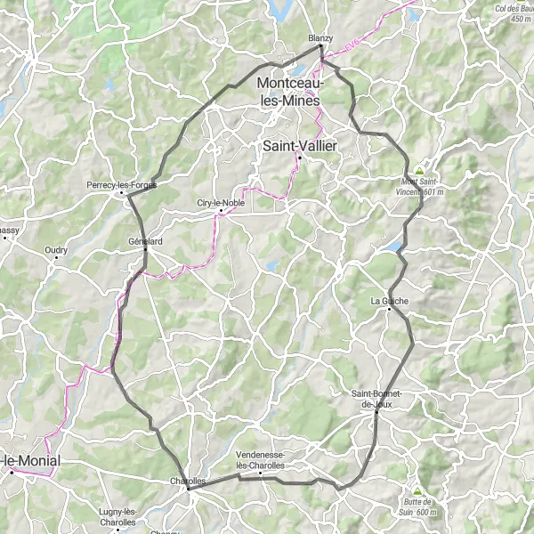 Miniature de la carte de l'inspiration cycliste "Boucle des Châteaux du Charolais" dans la Bourgogne, France. Générée par le planificateur d'itinéraire cycliste Tarmacs.app