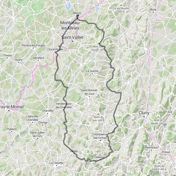 Miniature de la carte de l'inspiration cycliste "Tour de Charolais-Brionnais" dans la Bourgogne, France. Générée par le planificateur d'itinéraire cycliste Tarmacs.app