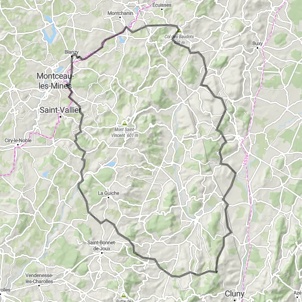Miniature de la carte de l'inspiration cycliste "Parcours Épique en Bourgogne" dans la Bourgogne, France. Générée par le planificateur d'itinéraire cycliste Tarmacs.app