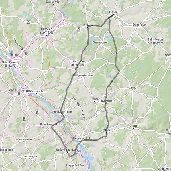 Miniature de la carte de l'inspiration cycliste "Circuit à vélo du Loiret" dans la Bourgogne, France. Générée par le planificateur d'itinéraire cycliste Tarmacs.app