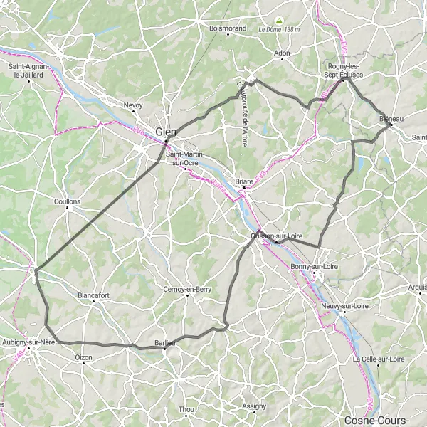 Miniature de la carte de l'inspiration cycliste "La Grande Boucle des Châteaux et des Écluses" dans la Bourgogne, France. Générée par le planificateur d'itinéraire cycliste Tarmacs.app