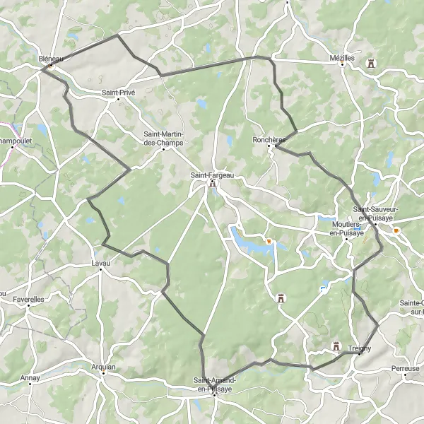 Miniature de la carte de l'inspiration cycliste "La Route des Châteaux de Puisaye" dans la Bourgogne, France. Générée par le planificateur d'itinéraire cycliste Tarmacs.app