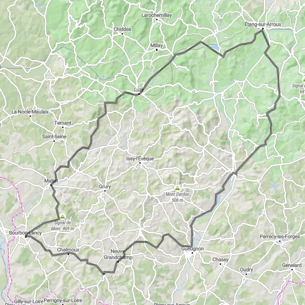 Map miniature of "Bourgogne Road Cycling Challenge" cycling inspiration in Bourgogne, France. Generated by Tarmacs.app cycling route planner