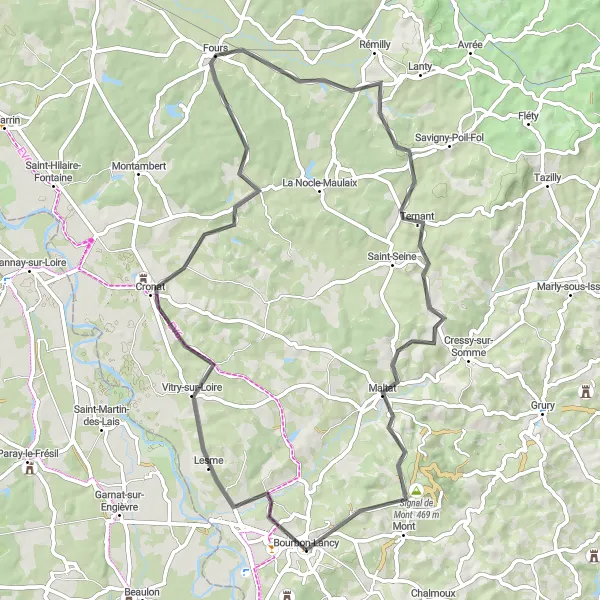 Miniature de la carte de l'inspiration cycliste "Les routes pittoresques de Vitry-sur-Loire" dans la Bourgogne, France. Générée par le planificateur d'itinéraire cycliste Tarmacs.app