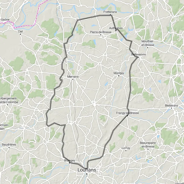 Miniature de la carte de l'inspiration cycliste "Parcours pittoresque à vélo à travers la campagne bourguignonne" dans la Bourgogne, France. Générée par le planificateur d'itinéraire cycliste Tarmacs.app