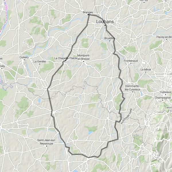 Miniature de la carte de l'inspiration cycliste "Parcours à vélo à travers la campagne bourguignonne" dans la Bourgogne, France. Générée par le planificateur d'itinéraire cycliste Tarmacs.app