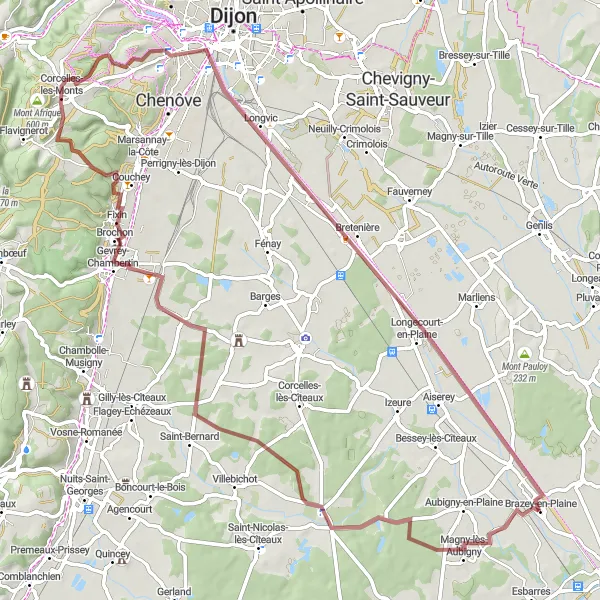 Miniature de la carte de l'inspiration cycliste "Parcours gravel autour de Brazey-en-Plaine" dans la Bourgogne, France. Générée par le planificateur d'itinéraire cycliste Tarmacs.app