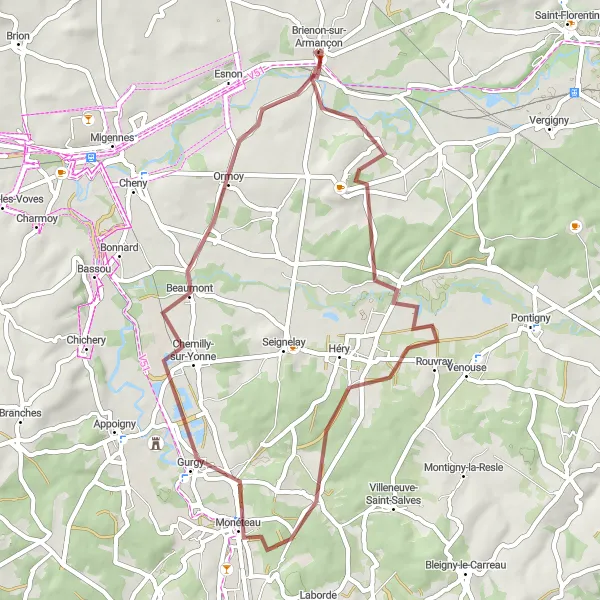 Miniature de la carte de l'inspiration cycliste "Boucle des Collines de l'Armançon" dans la Bourgogne, France. Générée par le planificateur d'itinéraire cycliste Tarmacs.app