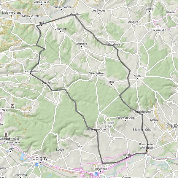 Map miniature of "Bussy-en-Othe and Vaudeurs: A Scenic Adventure" cycling inspiration in Bourgogne, France. Generated by Tarmacs.app cycling route planner