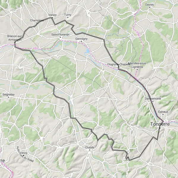 Map miniature of "Scenic Route Via Flogny-la-Chapelle and Bouilly" cycling inspiration in Bourgogne, France. Generated by Tarmacs.app cycling route planner