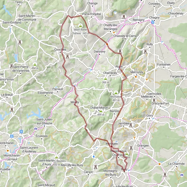 Map miniature of "Buxy Gravel Adventure" cycling inspiration in Bourgogne, France. Generated by Tarmacs.app cycling route planner