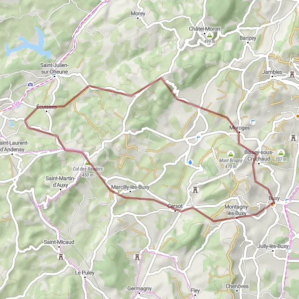 Miniature de la carte de l'inspiration cycliste "Les Hautes Terres de Saône-et-Loire" dans la Bourgogne, France. Générée par le planificateur d'itinéraire cycliste Tarmacs.app