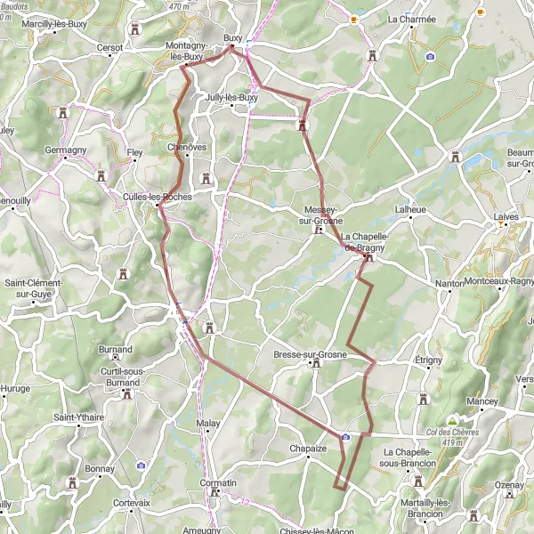 Map miniature of "The Gravel Adventure" cycling inspiration in Bourgogne, France. Generated by Tarmacs.app cycling route planner