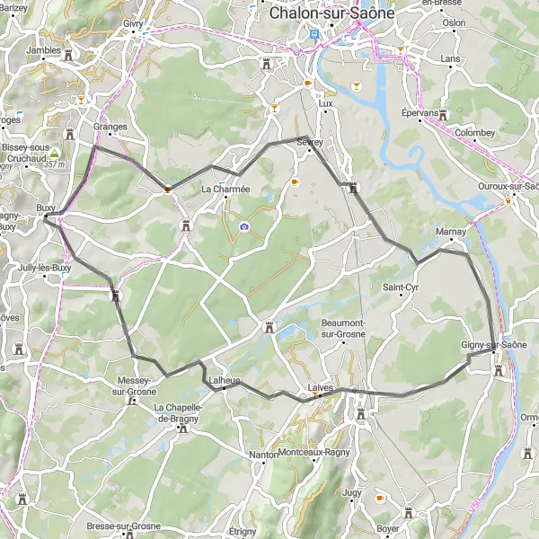 Map miniature of "Scenic Tour of Bourgogne" cycling inspiration in Bourgogne, France. Generated by Tarmacs.app cycling route planner