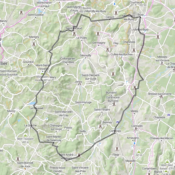 Miniature de la carte de l'inspiration cycliste "Parcours sportif à travers les collines" dans la Bourgogne, France. Générée par le planificateur d'itinéraire cycliste Tarmacs.app