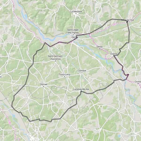 Miniature de la carte de l'inspiration cycliste "Aventure à vélo entre Loire et Allier" dans la Bourgogne, France. Générée par le planificateur d'itinéraire cycliste Tarmacs.app